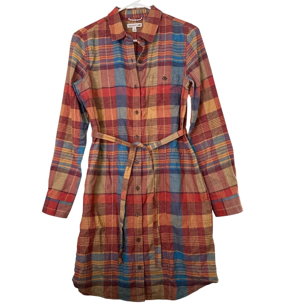 Toad and Co Plaid Re-Form Flannel Shirt‎ Dress Sz S Button Front Belted Gorpcore